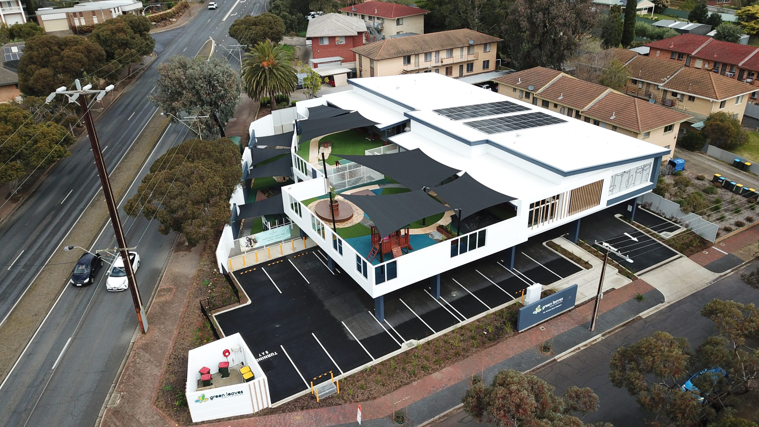 Green Leaves Early Learning Top Left View of the Building with Solar Panel Rooftop