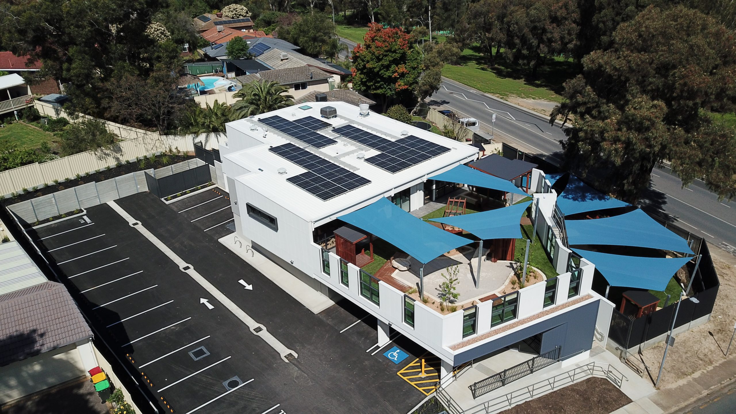 Nido Early School Top View of the Building with Solar Panel Rooftop